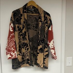 Open Front Floral Jacquard Cardigan - Tan, Black & Rust